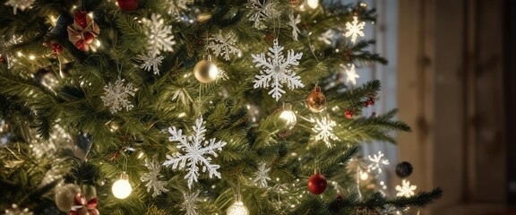 A group of snowflakes gently falling around a beautifully decorated Christmas tree , wintry scene, Christmas tree
