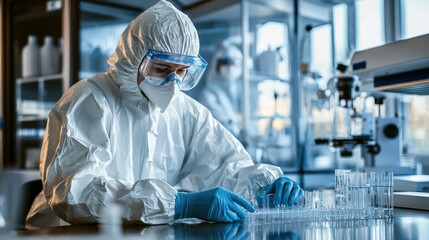 A scientist in a protective suit working in a coronavirus research laboratory