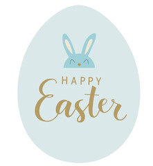 Happy Easter sticker or card design template. Holiday white background with Easter little bunny Ears and face isolated on blue egg shape. Happy Easter text. Vector stock illustration.