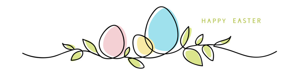 One line drawing. Abstract decorative horizontal ornament with easter color eggs, stem and leaves. Beautiful hand drawn easter eggs. Happy easter border design element. Vector stock illustration.