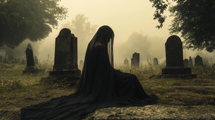 Silent Mourning in a Foggy Graveyard