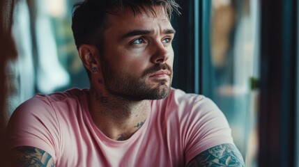 Obraz premium Thoughtful man looking out window. Contemplation concept.