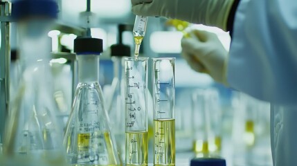 A scientist measuring precise amounts of liquid using a graduated cylinder in a laboratory