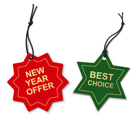 Set of decorative red and green paper price tag template. Star label with tied black rope isolated on white. Beautiful new year or Christmas sale decoration for your design. Vector stock illustration
