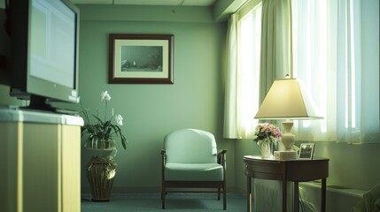 A serene hospital room where a cancer patient is receiving palliative care, highlighting comfort and support
