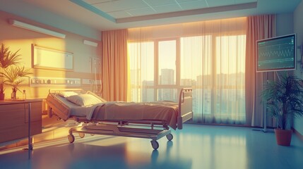 A serene hospital room where a patient is resting after surgery, emphasizing post-treatment care and recovery