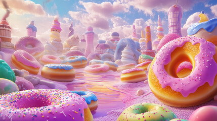 A vibrant and whimsical render of a sugary candy land landscape, candy, sweets, rainbow, fantasy, colors, dessert, sugar.