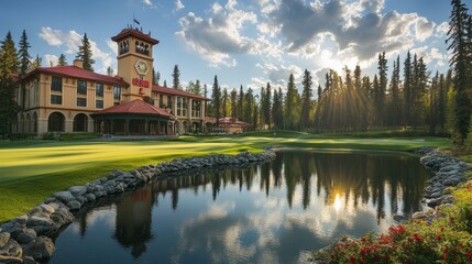 Naklejka premium Serene Golf Course Landscape Featuring a Charming Clubhouse Surrounded by Lush Trees and a Reflective Pond Under a Glorious Sunset Sky