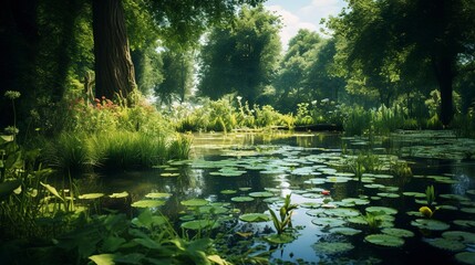 A photo of a serene pond surrounded by aquatic plants