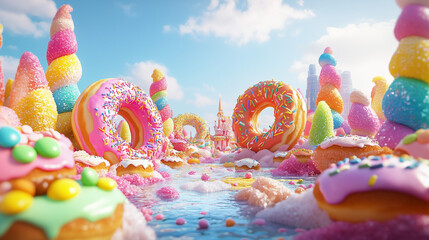 A vibrant and whimsical render of a sugary candy land landscape, candy, sweets, rainbow, fantasy, colors, dessert, sugar.