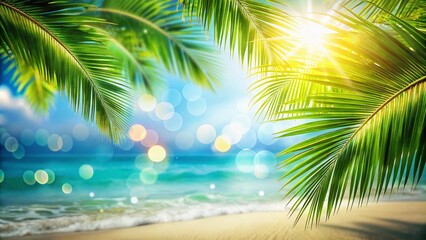 Obraz premium Serene Tropical Beach Scene with Lush Green Palm Leaves and Bokeh Sunlight, Ideal for Summer Vacation and Business Travel Themes in Vintage Tone Filter Style