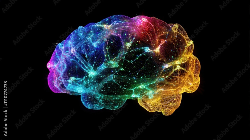 Poster an animated brain that lights up as if processing thoughts, with different colors representing vario