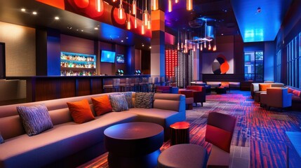 Modern lounge with vibrant lighting, comfortable seating, and a bar.