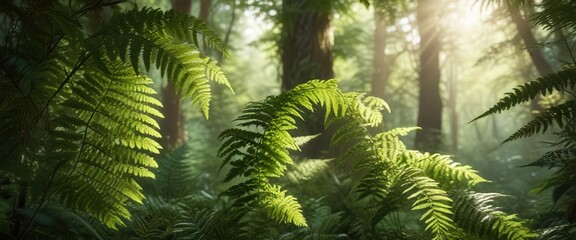 Lush fern fronds unfurl in warm sunlight filtering through forest canopy, natural light, texture of leaves, closeup nature