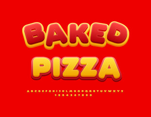 Vector promo Baked Pizza with Yellow and Red Alphabet Letters and Numbers set. Bright modern Font