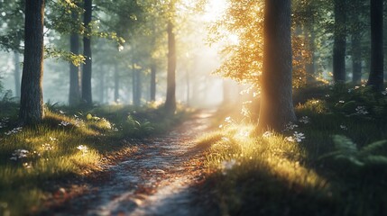 Fototapeta premium Sunlit forest path with morning mist.