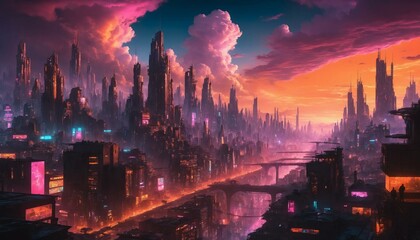 Obraz premium Cyberpunk Cityscape at Sunset with Neon-Lit Skyscrapers