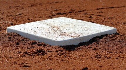 Close-Up View of a Baseball Base on a Dirt Infield Surface with Brown Clay and Dust Particles Highlighting the Sport's Field Dynamics