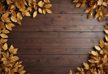 Leafy branches with golden brown leaves against a wooden background , leafy, fall