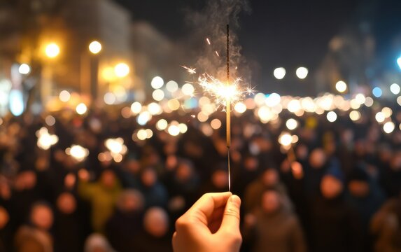 Hand holding sparkler a crowd celebrating at night with glowing lights. - Powered by Adobe