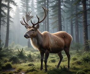 A reindeer's fur glistens with dew in the misty fir forest, nature's beauty, dew drops