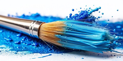 Fototapeta premium Shiny Blue Brush Isolated on White Background with Beautiful Blue Watercolor Splashes for Artistic and Creative Projects in High Resolution