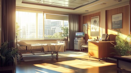 Fototapeta premium Bright and Inviting Hospital Room with Natural Light and Greenery