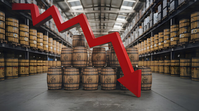 Oil barrels with a downward price arrow indicating a drop in market value, reflecting economic fluctuations and the volatile nature of global energy markets.
