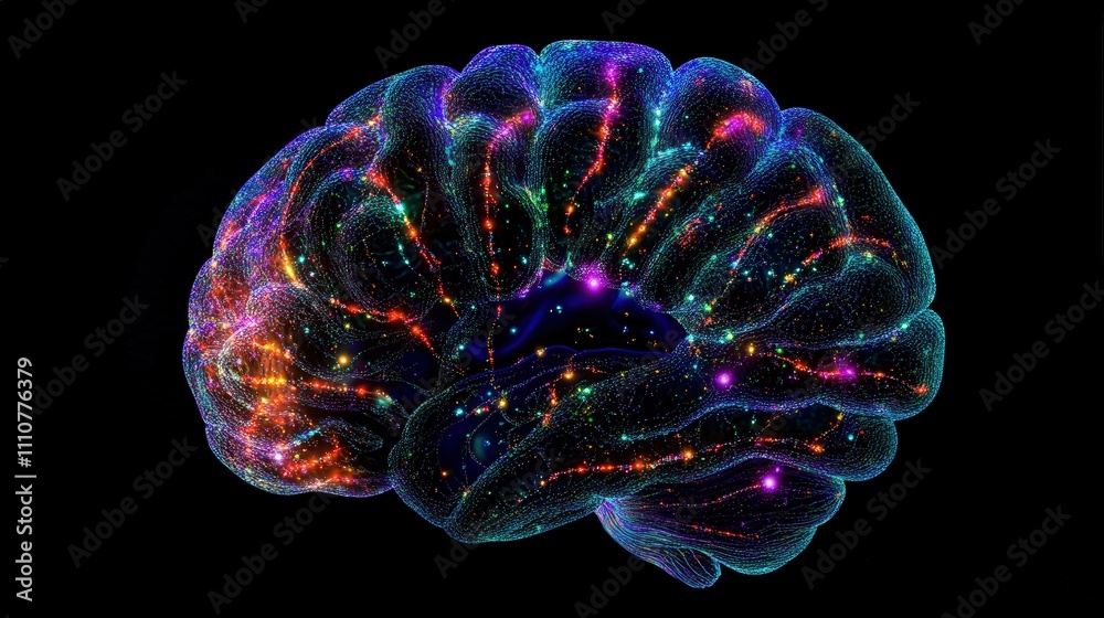 Poster an animated brain that lights up as if processing thoughts, with different colors representing vario