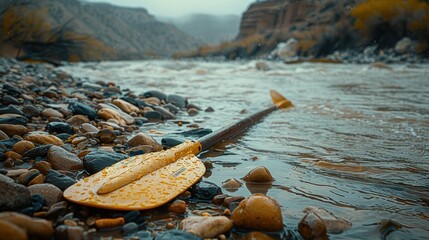 Yellow kayak paddle rests on rocky riverbank.