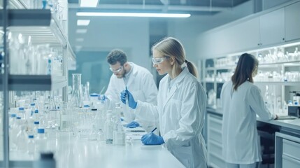 A team of researchers discussing drug development strategies in a pharmaceutical lab