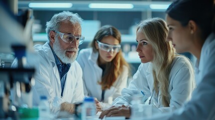 A team of researchers discussing vaccine research strategies in a laboratory