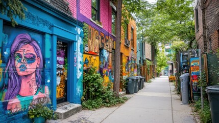 Fototapeta premium Vibrant Urban Alleyway with Colorful Street Art and Greenery