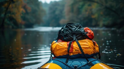 Packed raft floats on calm river in autumn forest.
