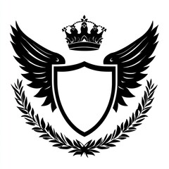 Black and white heraldic emblem shield, crown, wings, laurel.