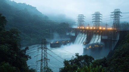 Fototapeta premium Hydroelectric Dam at Dawn Surrounded by Lush Mountains and Misty Atmosphere
