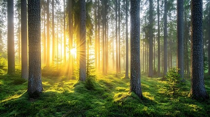 Obraz premium A misty morning in a quiet forest with the sun just beginning to rise and the trees shrouded in fog 