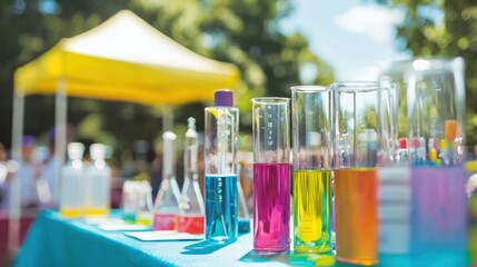 A vibrant outdoor science fair showcasing innovative projects and experiments
