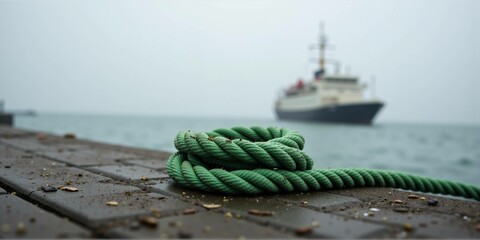 Coiled green rope on the dock with a blurred ship in the background, conveying a maritime atmosphere