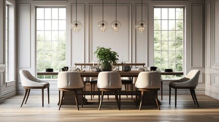 A photo of an elegant dining room with a chic dining