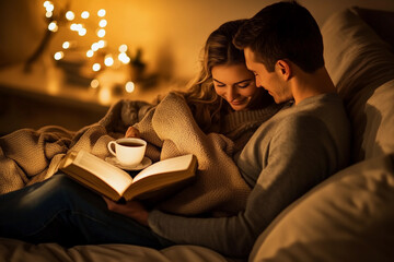 Naklejka premium a man and woman reading a book on a couch at night with a lit christmas tree in the background