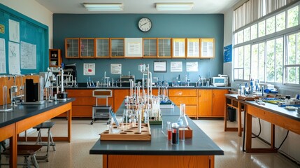 A well-organized school science lab with various lab stations set up for experiments