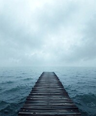 Fototapeta premium Weathered wooden pier jutting into the cloudy Black sea of Adler , pier, rugged shoreline, adler