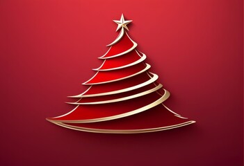 Obraz premium Ein stilisierter Weihnachtsbaum mit geschwungenen roten Flächen und goldenen Akzenten, gekrönt von einem Stern, vor einem tiefroten Hintergrund. Modern und festlich. Generative KI