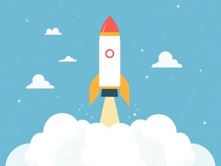 Colorful rocket launching into a bright sky filled with clouds and stars.