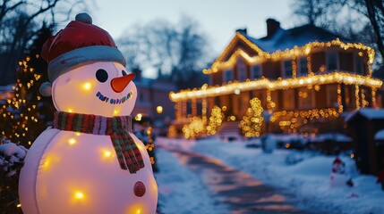Obraz premium large white inflatable snowman in front of house decorated with Christmas lights with colorful light strings that glow in various shades, adding to its festive atmosphere. 