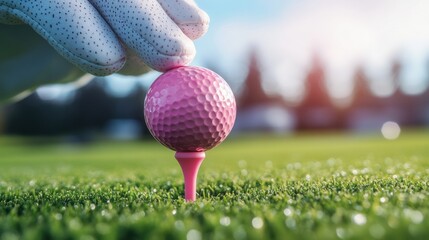 Close-up of a Golfer's Hand Placing a Pink Golf Ball on a Tee in a Lush Green Field Under a Sunlit Sky, Sport and Recreation Concept