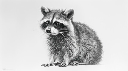 Obraz premium Adorable baby raccoon sitting, monochrome pencil sketch.