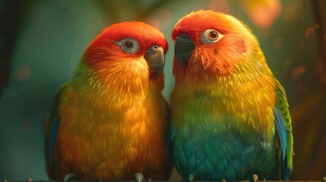 Two vibrant sun parakeets nestled together.