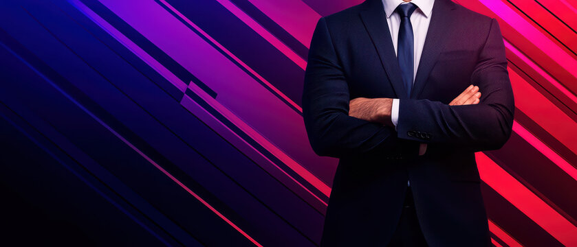confident business professional stands in modern suit against vibrant background. striking colors and sharp lines create dynamic atmosphere, emphasizing professionalism and style
